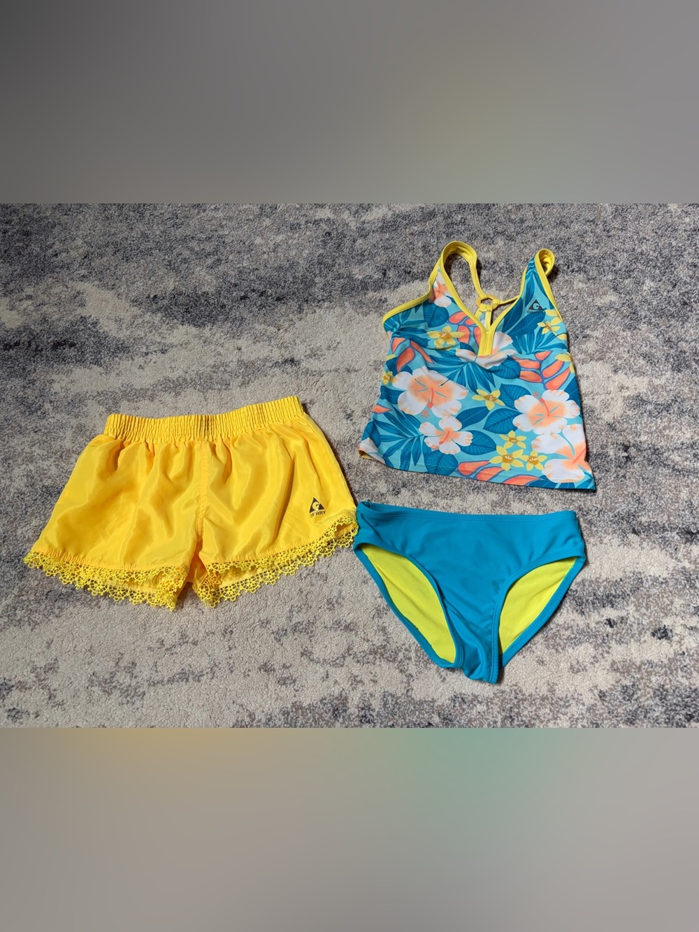 Girls' Tropical Blue Floral Tankini with Yellow Shorts